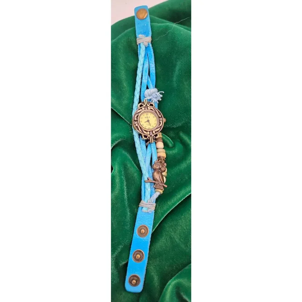 Vintage E-LY Boho Leather Wrap Watch Owl Charm Blue Beaded Bracelet WORKING
